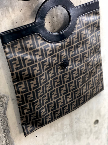 FENDI Zucca logo embossed leather PVC handbag black x brown Vintage Old jibnzr