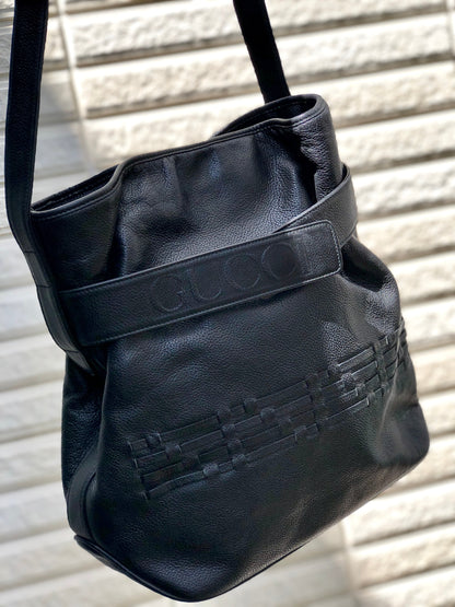 GUCCI 標誌抽繩單肩包 黑色 復古 舊款 Gucci 3kemyv