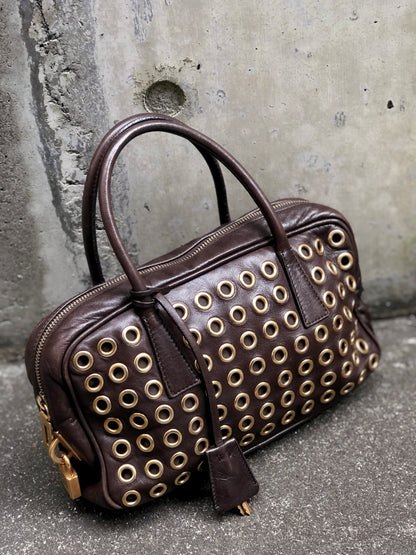 PRADA Triangle logo Eyelet Boston bag Handbag Brown Vintage Old wmdn7p