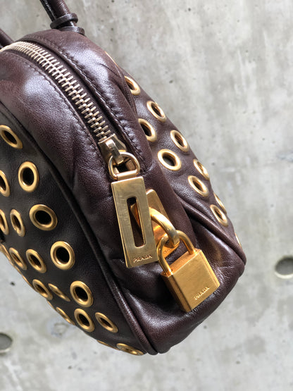 PRADA Triangle logo Eyelet Boston bag Handbag Brown Vintage Old wmdn7p