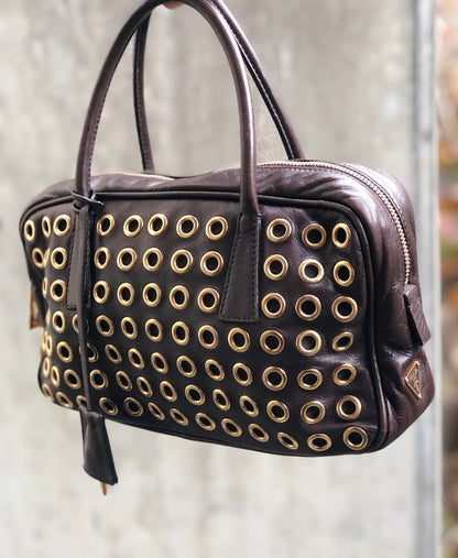 PRADA Triangle logo Eyelet Boston bag Handbag Brown Vintage Old wmdn7p