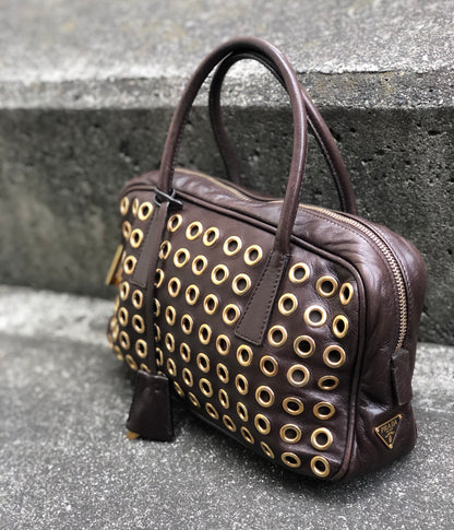 PRADA Triangle logo Eyelet Boston bag Handbag Brown Vintage Old wmdn7p