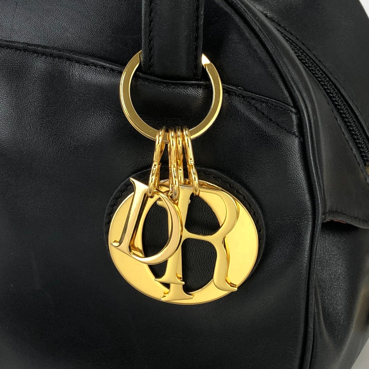 Christian Dior Logo Charm Leather Handbag small Black Vintage Old dr47sc