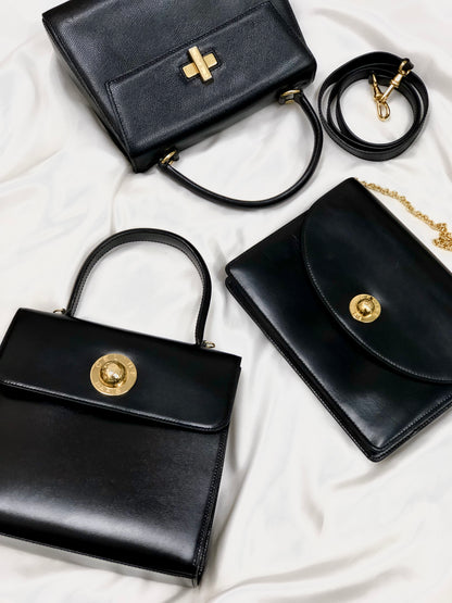 CELINE Turn lock Logo Leather Handbag Shoulder bag Black Vintage Old Celine 8edjtg