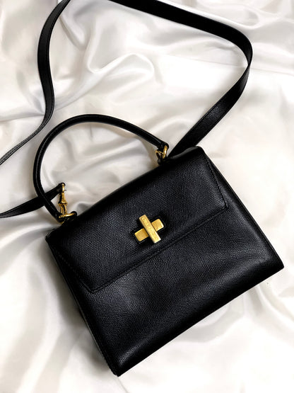 CELINE Turn lock Logo Leather Handbag Shoulder bag Black Vintage Old Celine 8edjtg