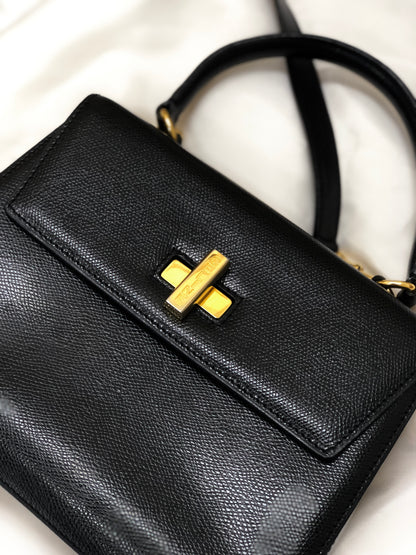 CELINE Turn lock Logo Leather Handbag Shoulder bag Black Vintage Old Celine 8edjtg