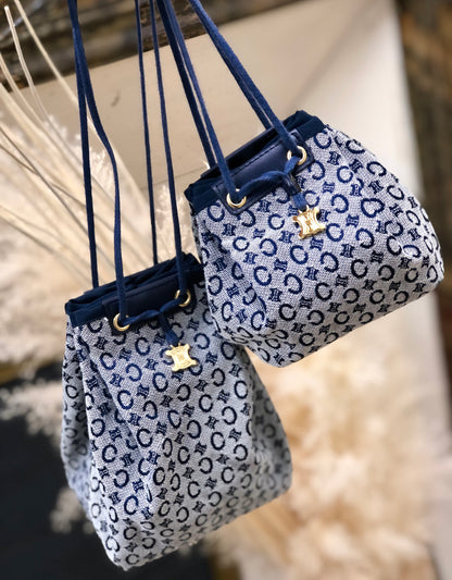 CELINE C Macadam Triomphe Drawstring Pouch Handbag Microbag Navy Vintage Old Celine 62hxns