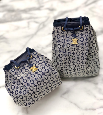 CELINE C Macadam Triomphe Drawstring Pouch Handbag Minibag Navy Vintage Old Celine xmursd