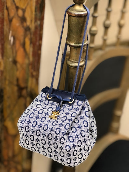 CELINE C Macadam Triomphe Drawstring Pouch Handbag Microbag Navy Vintage Old Celine 62hxns