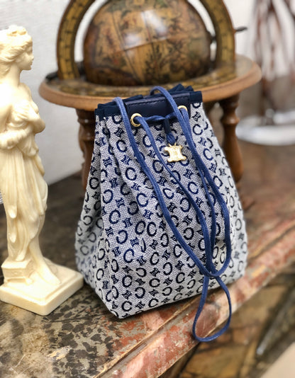 CELINE C Macadam Triomphe Drawstring Pouch Handbag Minibag Navy Vintage Old Celine xmursd