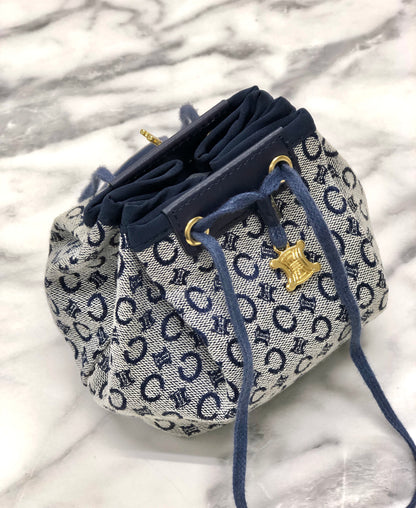 CELINE C Macadam Triomphe Drawstring Pouch Handbag Microbag Navy Vintage Old Celine 62hxns