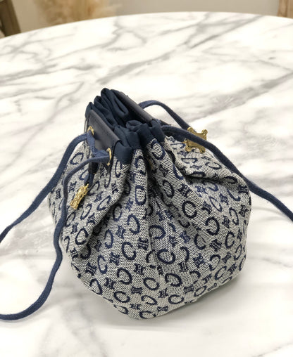 CELINE C Macadam Triomphe Drawstring Pouch Handbag Microbag Navy Vintage Old Celine 62hxns