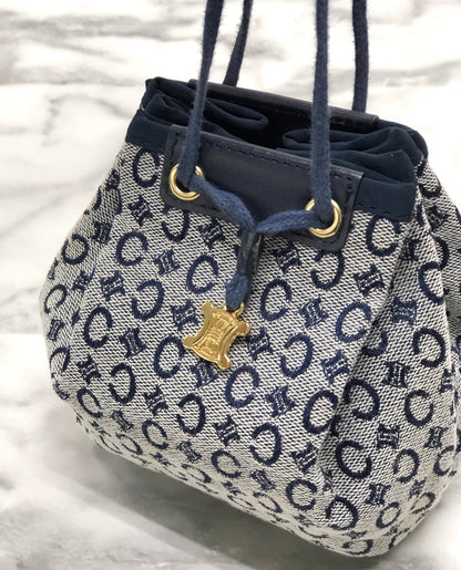 CELINE C Macadam Triomphe Drawstring Pouch Handbag Microbag Navy Vintage Old Celine 62hxns