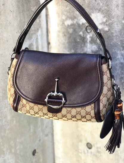 GUCCI GG Canvas Horsebit Bamboo Tassel Handbag Beige Vintage Old Gucci 67z6bi