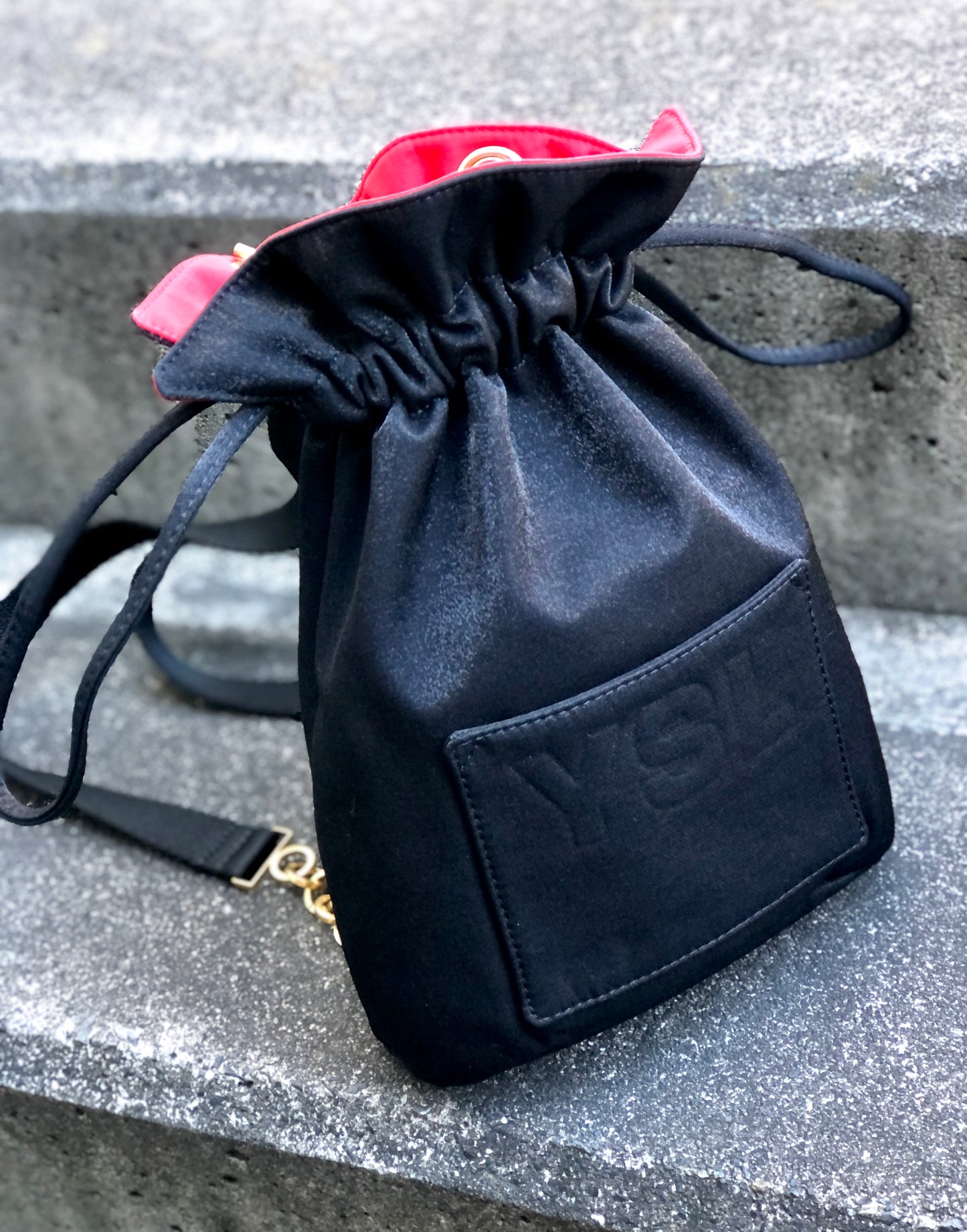Yves Saint Laurent YSL Reversible Nylon Drawstring Backpack Black Red Vintage Old b37vf8