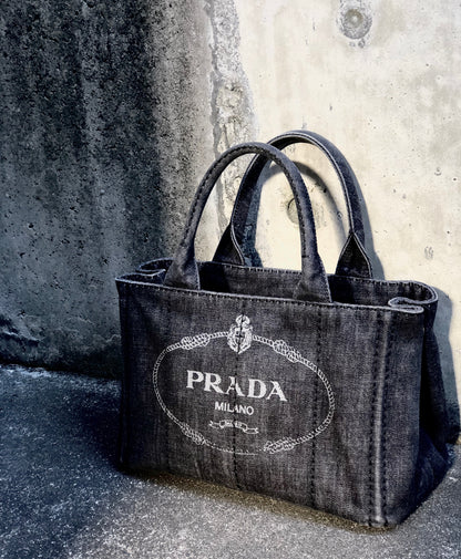 PRADA CANAPA Logo Denim Handbag 1BG439 Gray Vintage Old iggse5