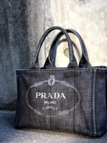 PRADA CANAPA Logo Denim Handbag 1BG439 Gray Vintage Old iggse5