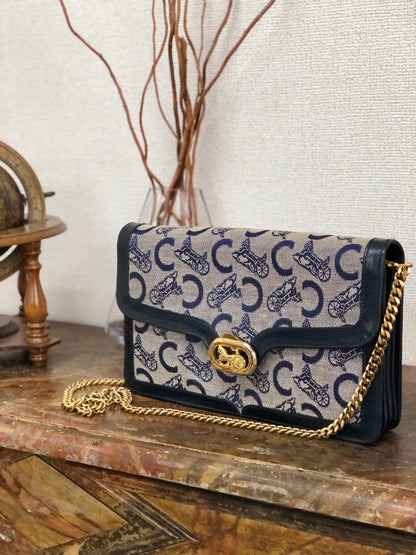CELINE C Macadam Horse carriage Jacquard Chain Shoulder bag Navy Vintage Old CELINE zhrv7p