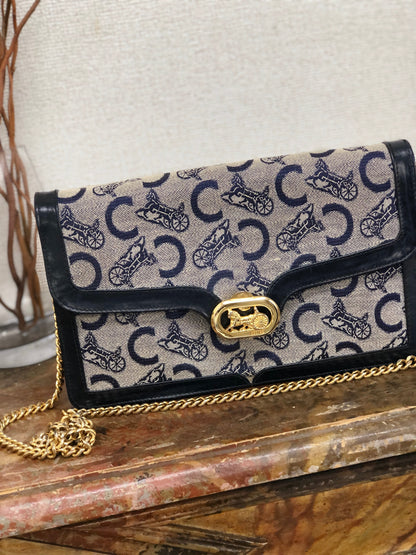 CELINE C Macadam Horse carriage Jacquard Chain Shoulder bag Navy Vintage Old CELINE zhrv7p