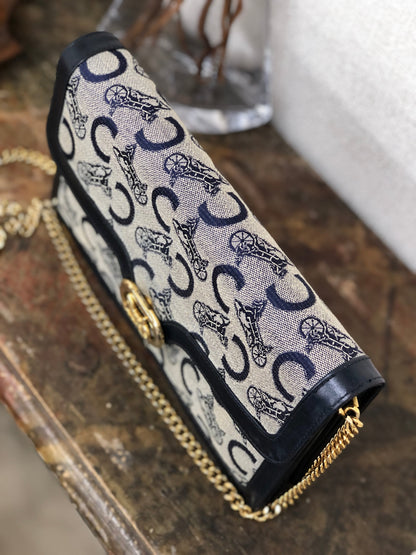 CELINE C Macadam Horse carriage Jacquard Chain Shoulder bag Navy Vintage Old CELINE zhrv7p