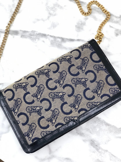 CELINE C Macadam Horse carriage Jacquard Chain Shoulder bag Navy Vintage Old CELINE zhrv7p