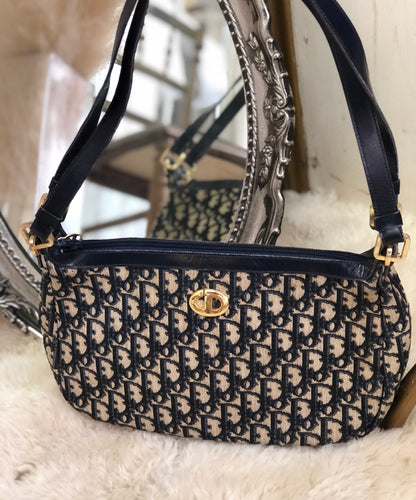Christian Dior Trotter CD Motif Jacquard Leather Shoulder bag Navy Vintage Old jywsxu