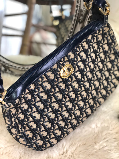 Christian Dior Trotter CD Motif Jacquard Leather Shoulder bag Navy Vintage Old jywsxu