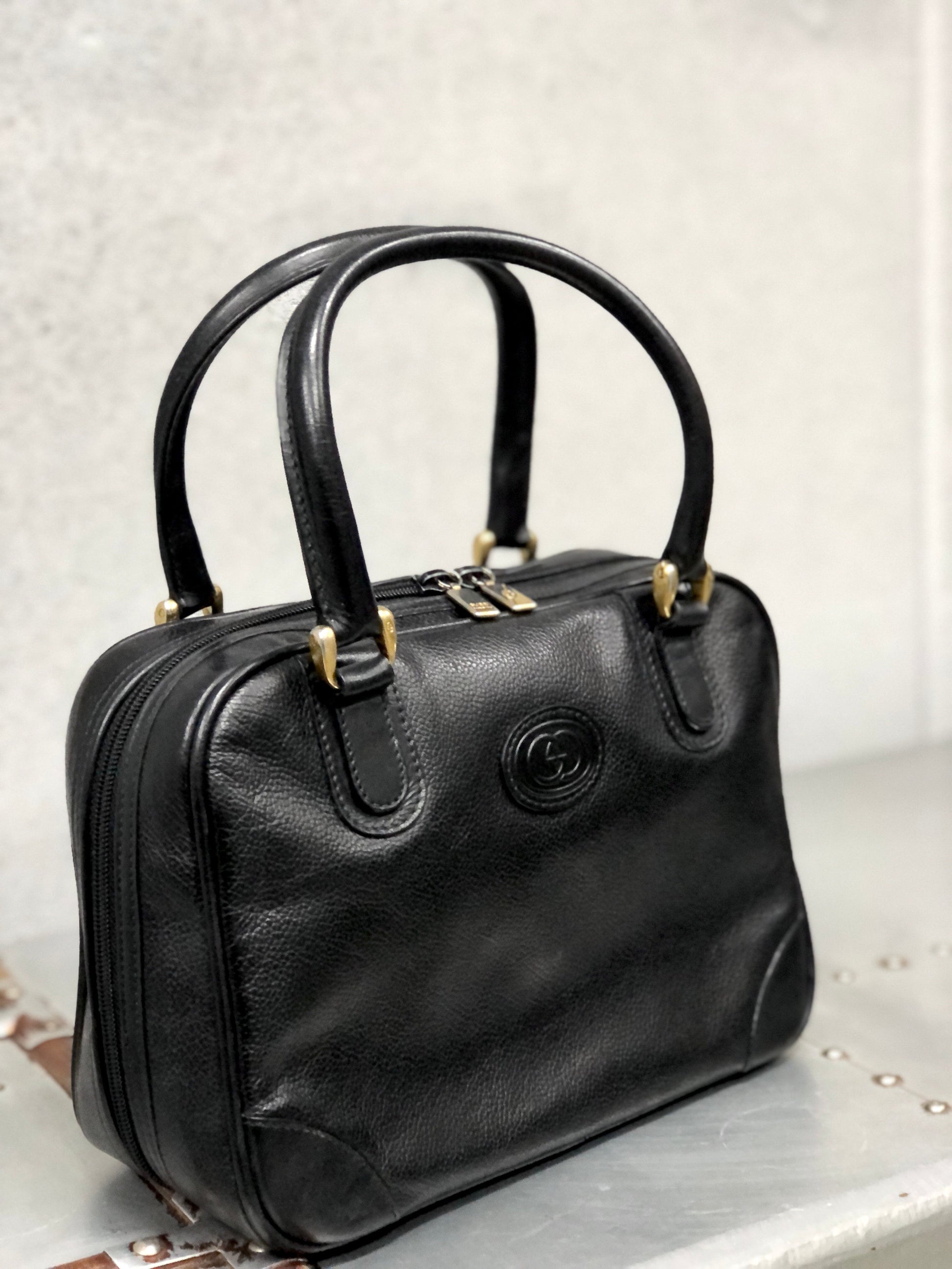 GUCCI GG logo Leather Mini Boston bag Handbag Black Vintage Old