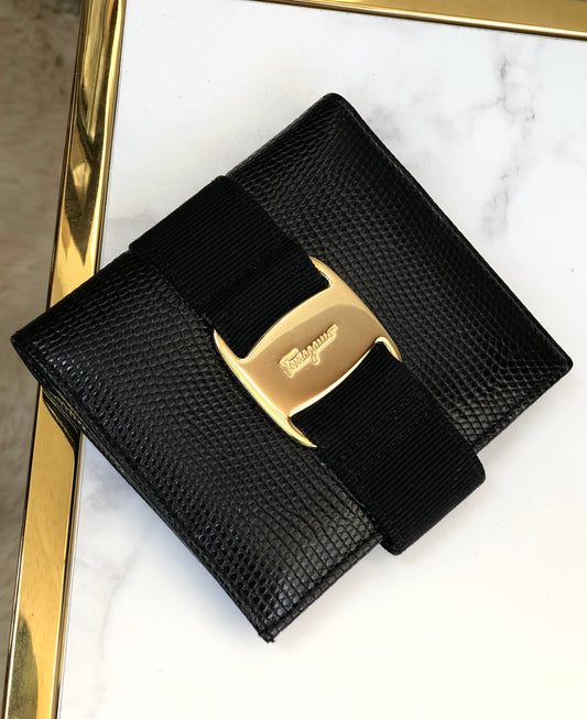 Salvatore Ferragamo Vala ribbon Lizard Compact Wallet Black Vintage Old pkww8m