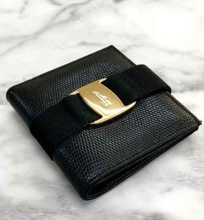 Salvatore Ferragamo Vala 緞帶蜥蜴皮小皮夾 黑色 復古 舊款 pkww8m