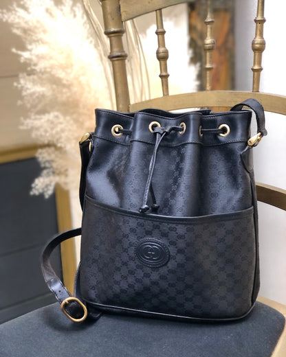 GUCCI Micro GG Inter Locking 抽繩單肩包 黑色 y8s8yh