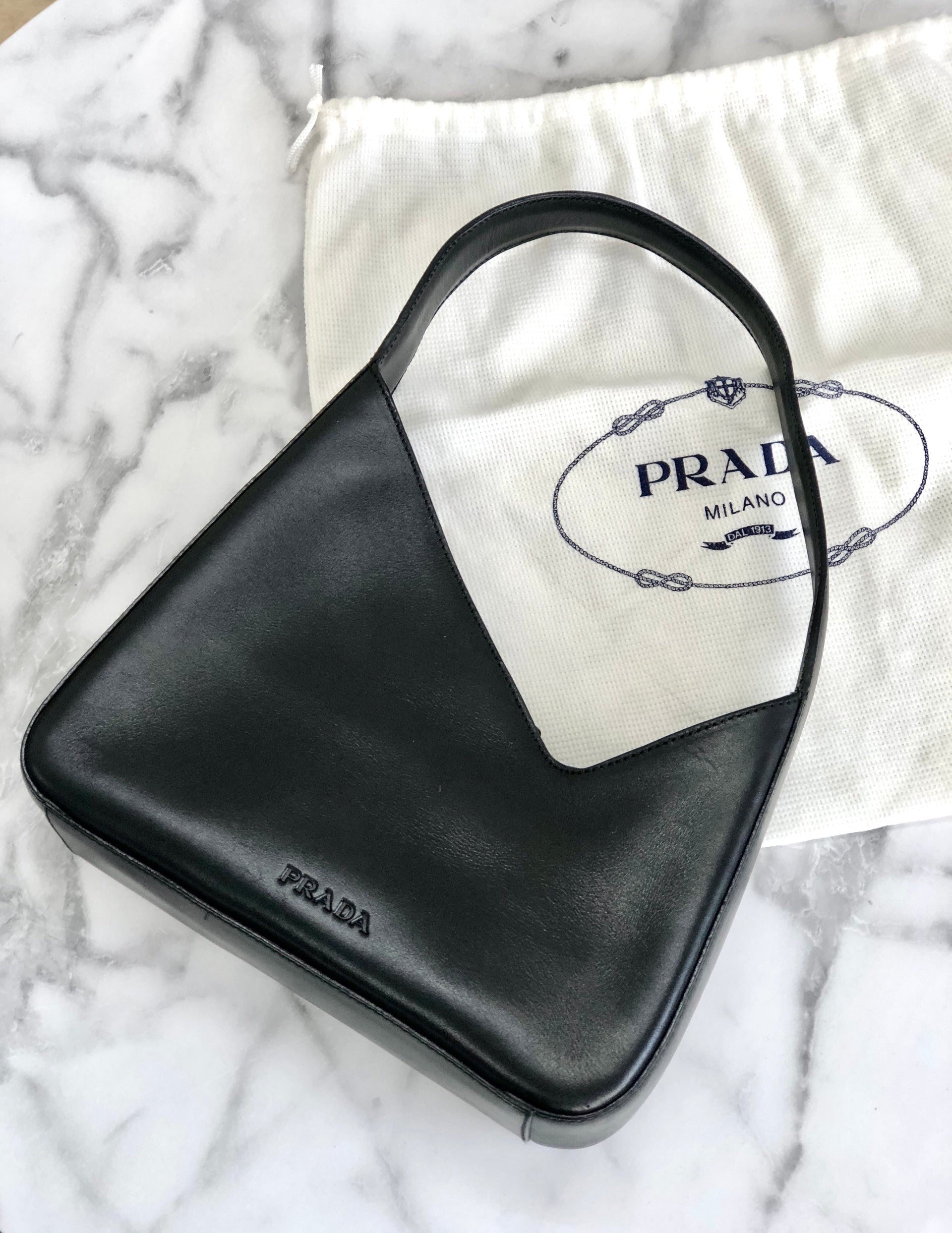 PRADA Leather Asymmetry Hobobag Handbag Black Vintage Old m55pkm