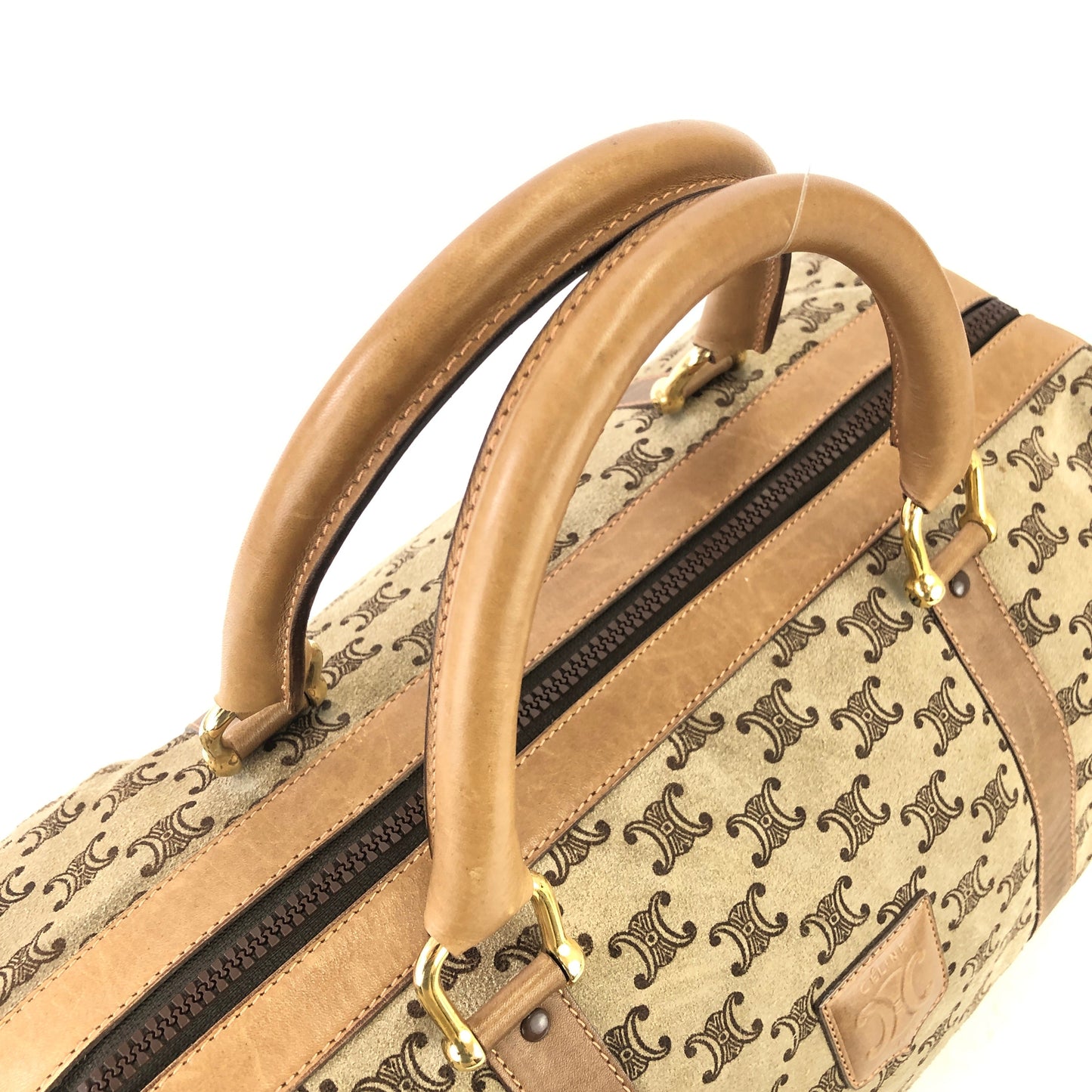 CELINE Blason pattern Suede Handbag Bostonbag Beige Vintage Old Celine 8nadk6