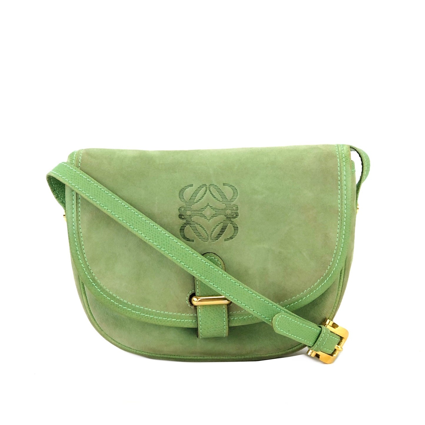 LOEWE Anagram embossed Suede Round Shoulder bag Green Vintage Old dkjysw