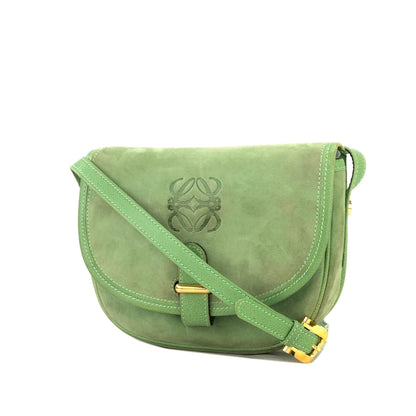 LOEWE Anagram embossed Suede Round Shoulder bag Green Vintage Old dkjysw