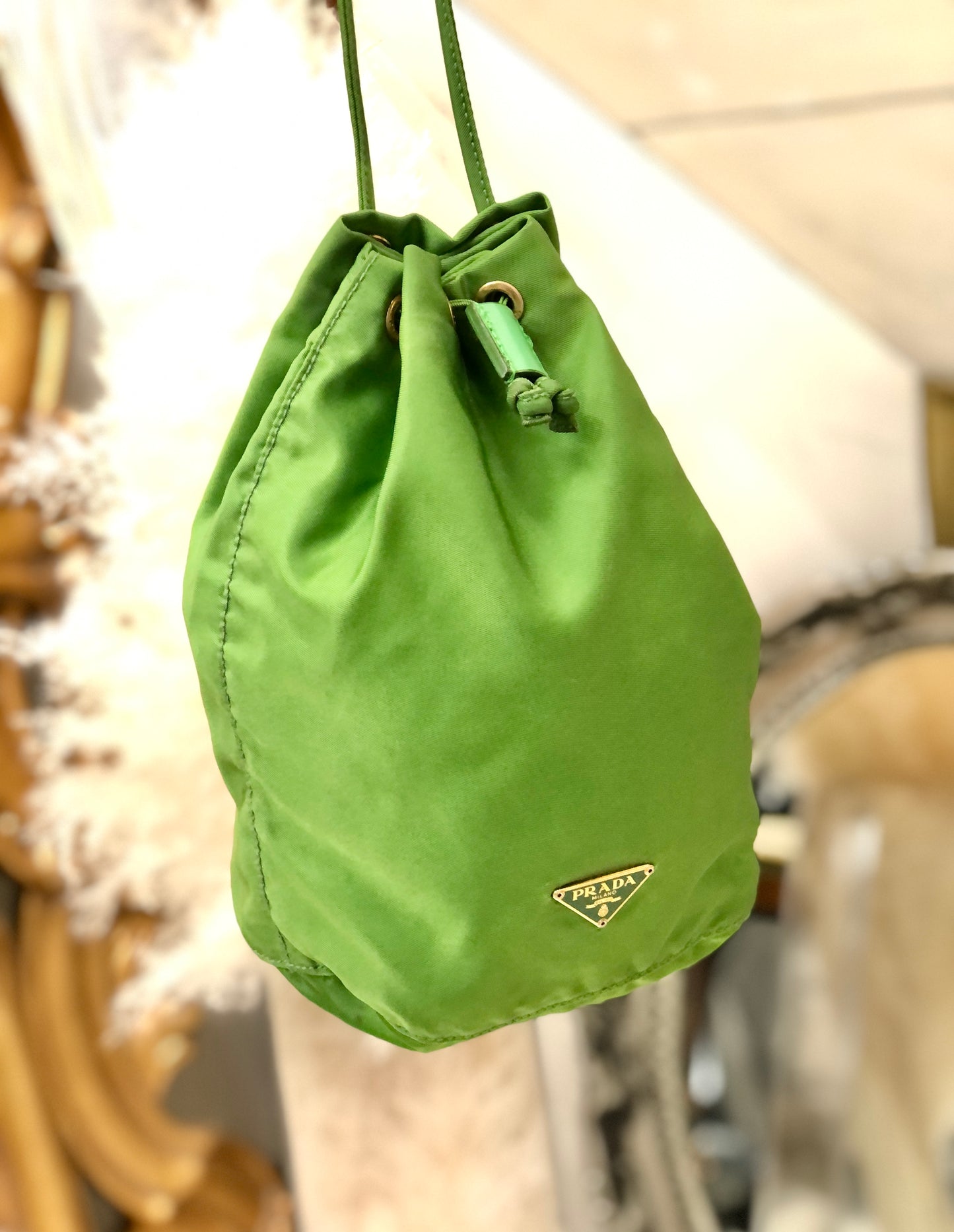 PRADA Triangle logo Nylon Drawstring Mini Handbag Green Vintage Old yjxupb