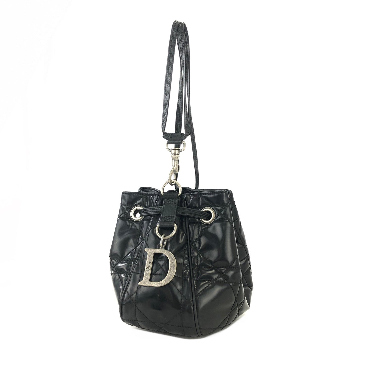 Christian Dior Cannage Lady dior D Charm Patent leather Drawstring Mini Handbag Black 36mvap