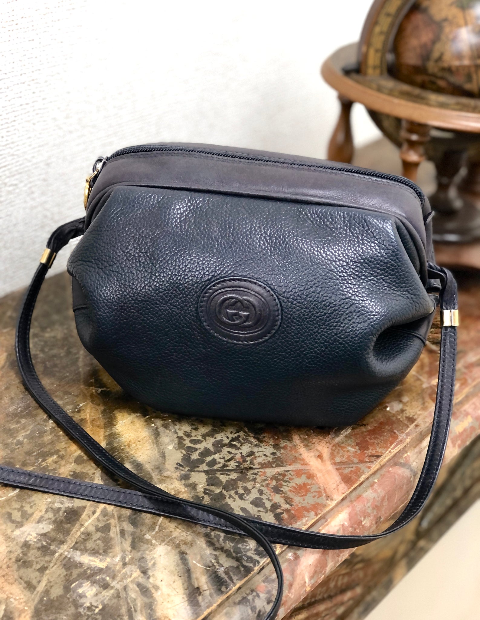 GUCCI GG Embossed Leather Round Crossbody Shoulder bag Navy