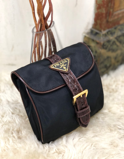 PRADA Triangle logo Nylon Crocodile belt Pouch Black Vintage Old 7s8xza