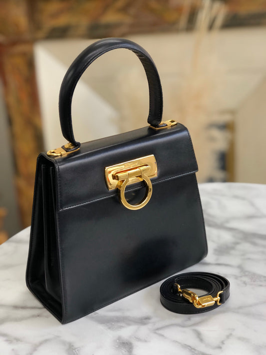 Salvatore Ferragamo Gancini Crossbody Handbag Shoulderbag Black Vintage Old wufary