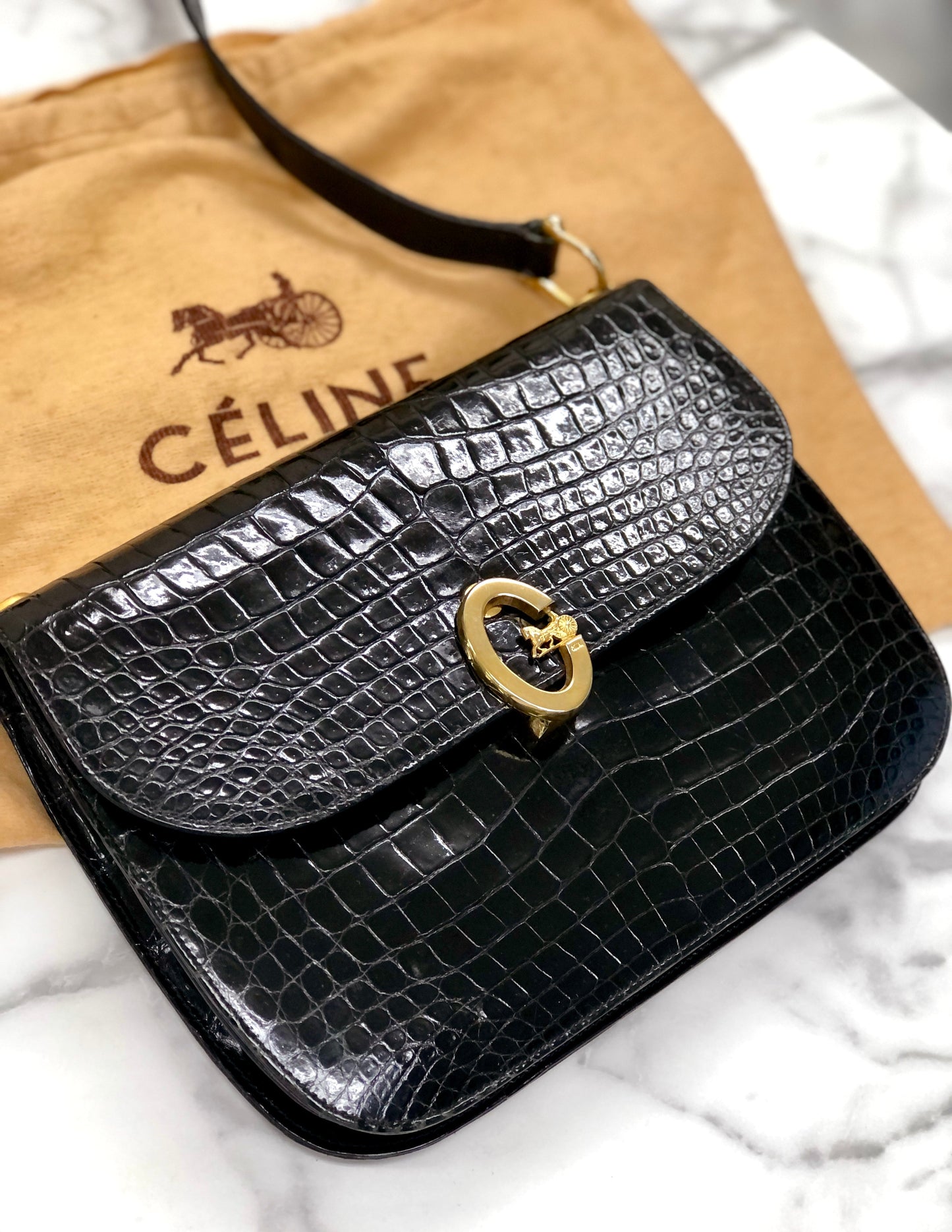 CELINE C logo Horse carriage Crocodile embossed leather Shoulder bag Black Old CELINE vintage 6tmne2