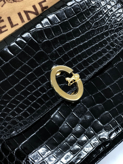 CELINE C logo Horse carriage Crocodile embossed leather Shoulder bag Black Old CELINE vintage 6tmne2