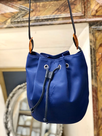 Yves Saint Laurent YSL Embossed Nylon Leather Drawstring Shoulder bag Navy Vintage Old diyz6v