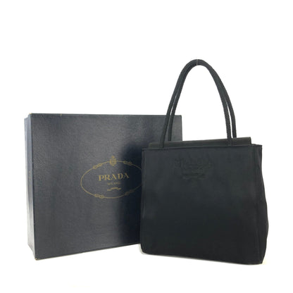 PRADA Logo Embroidery Satin Handbag Black Vintage Old r5nh3r