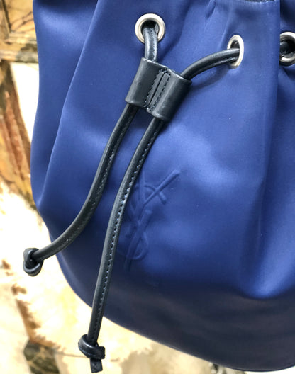 Yves Saint Laurent YSL Embossed Nylon Leather Drawstring Shoulder bag Navy Vintage Old diyz6v