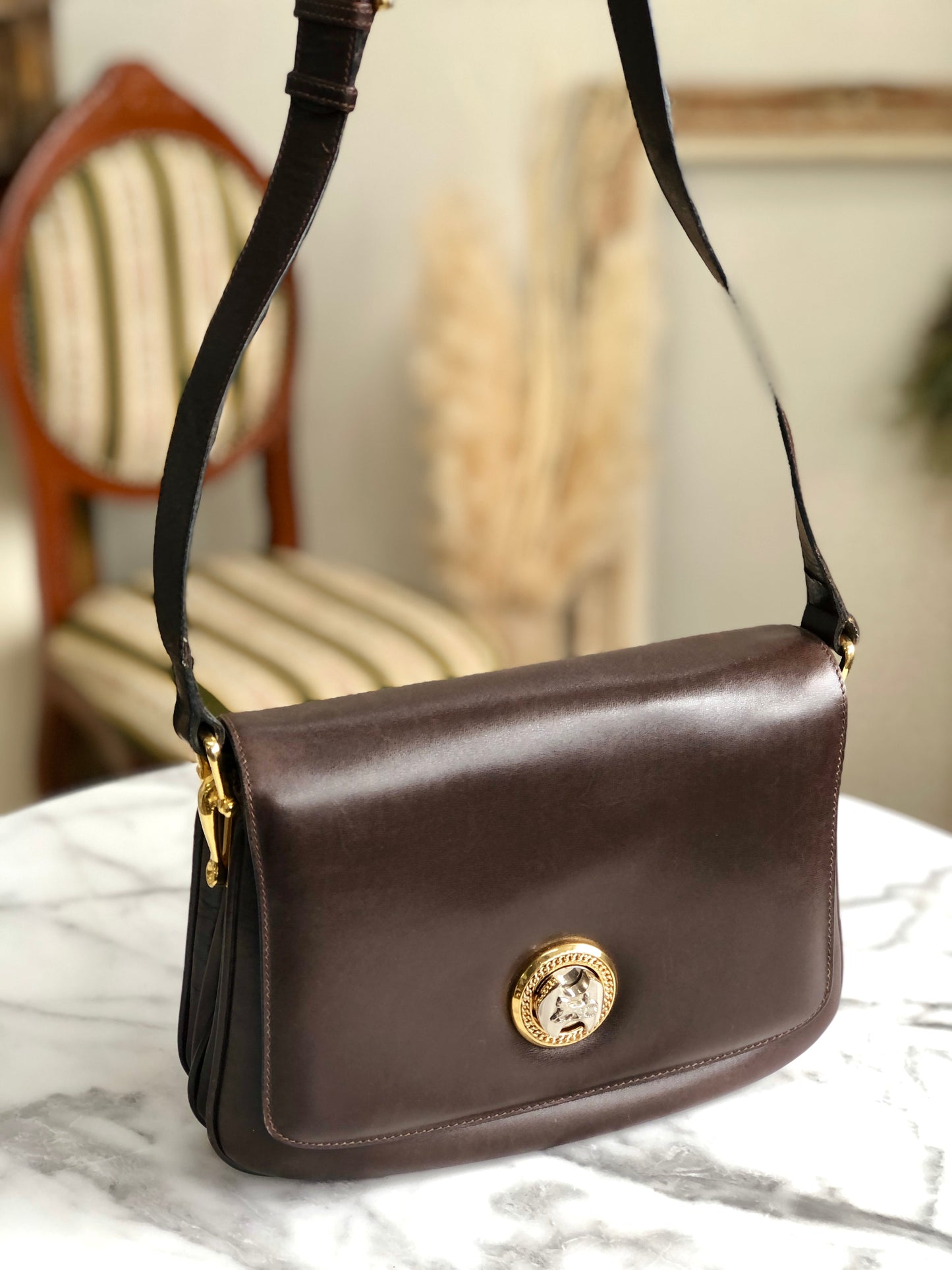 CELINE Turn Lock Horse Carriage Leather Shoulder Bag Brown vintage Old Celine 5pjskt