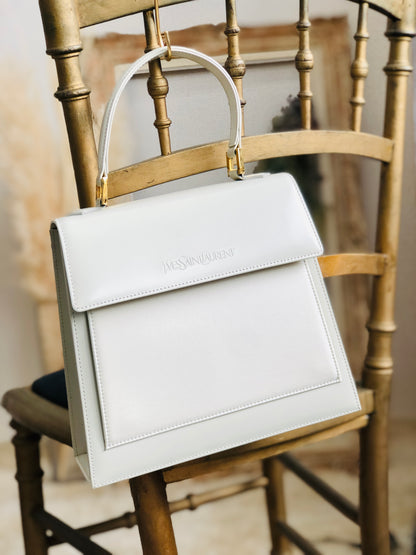 Yves Saint Laurent Logo Embossed Fabric Leather Handbag White Off-White Vintage Old d226gd