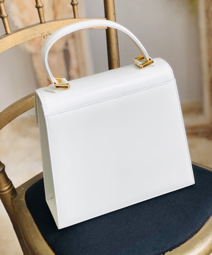 Yves Saint Laurent Logo Embossed Fabric Leather Handbag White Off-White Vintage Old d226gd