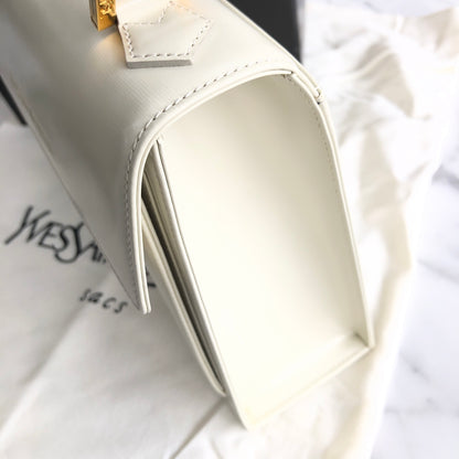 Yves Saint Laurent Logo Embossed Fabric Leather Handbag White Off-White Vintage Old d226gd