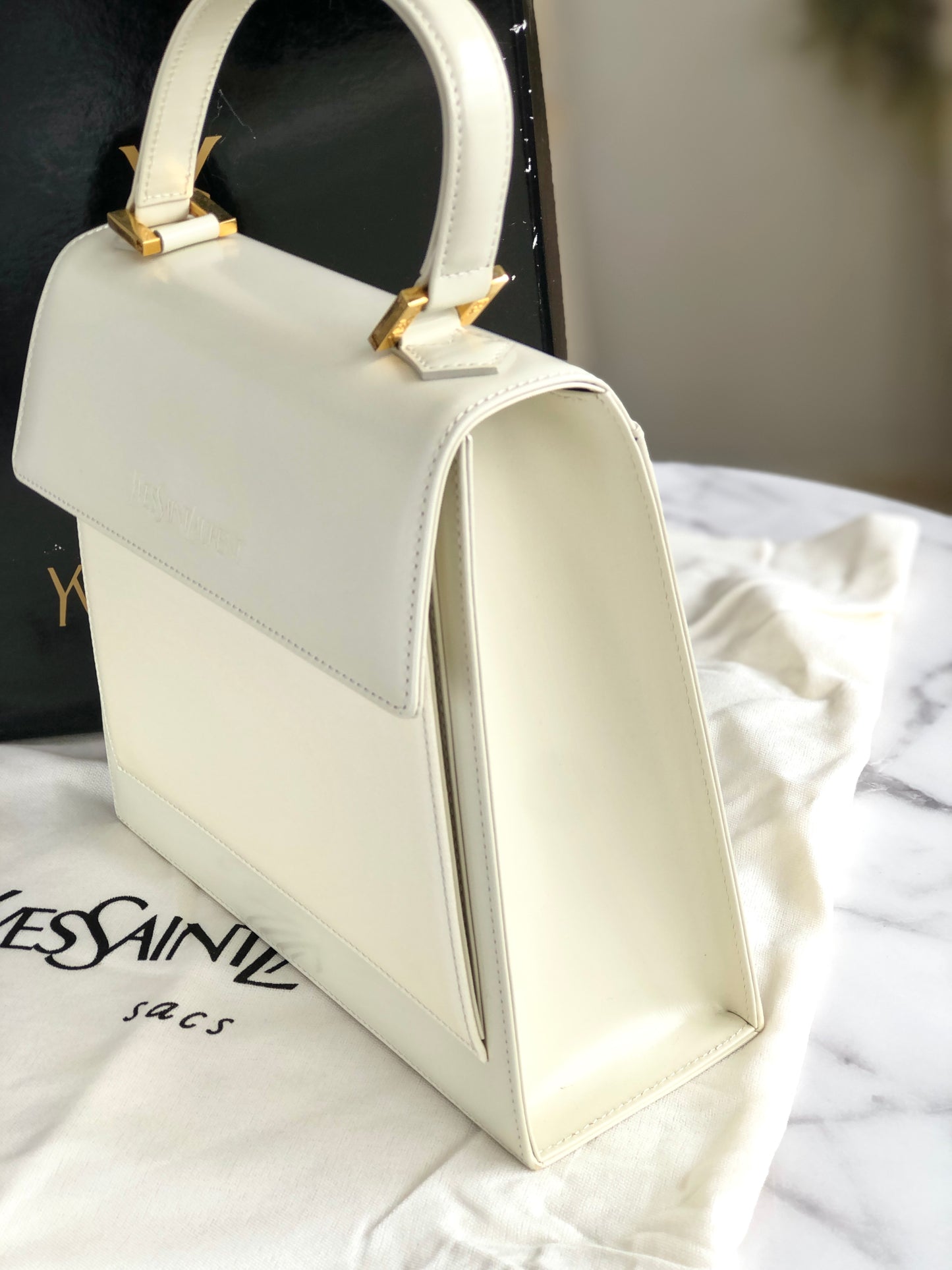 Yves Saint Laurent Logo Embossed Fabric Leather Handbag White Off-White Vintage Old d226gd
